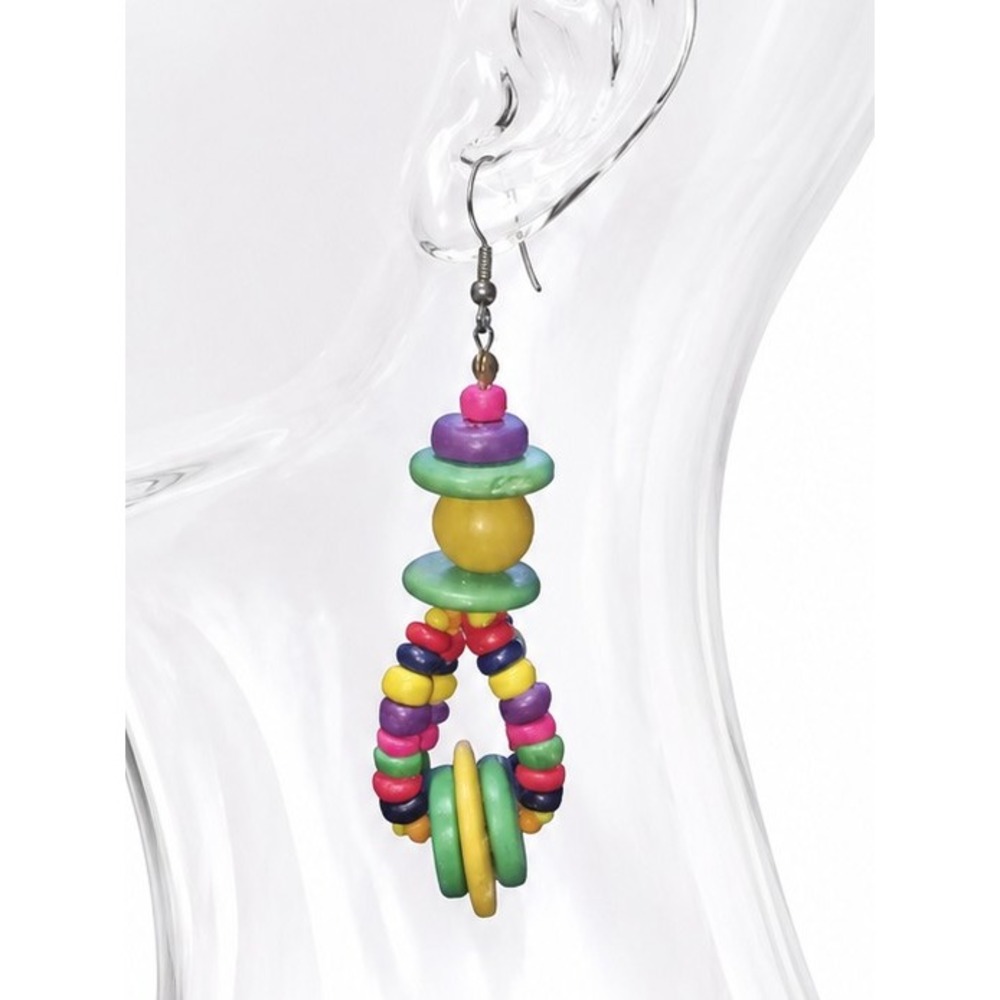 NOS 1980s Rainbow wooden bead earrings Vintage SKUJ033